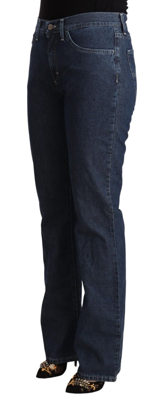 GF Ferre Blue Cotton Mid Waist Flared Denim Jeans - Fizigo