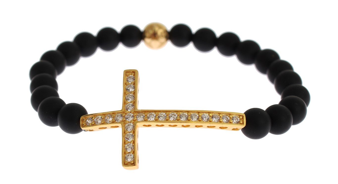 Nialaya Matte Onyx Stone Gold CZ Cross 925 Silver Bracelet - Fizigo