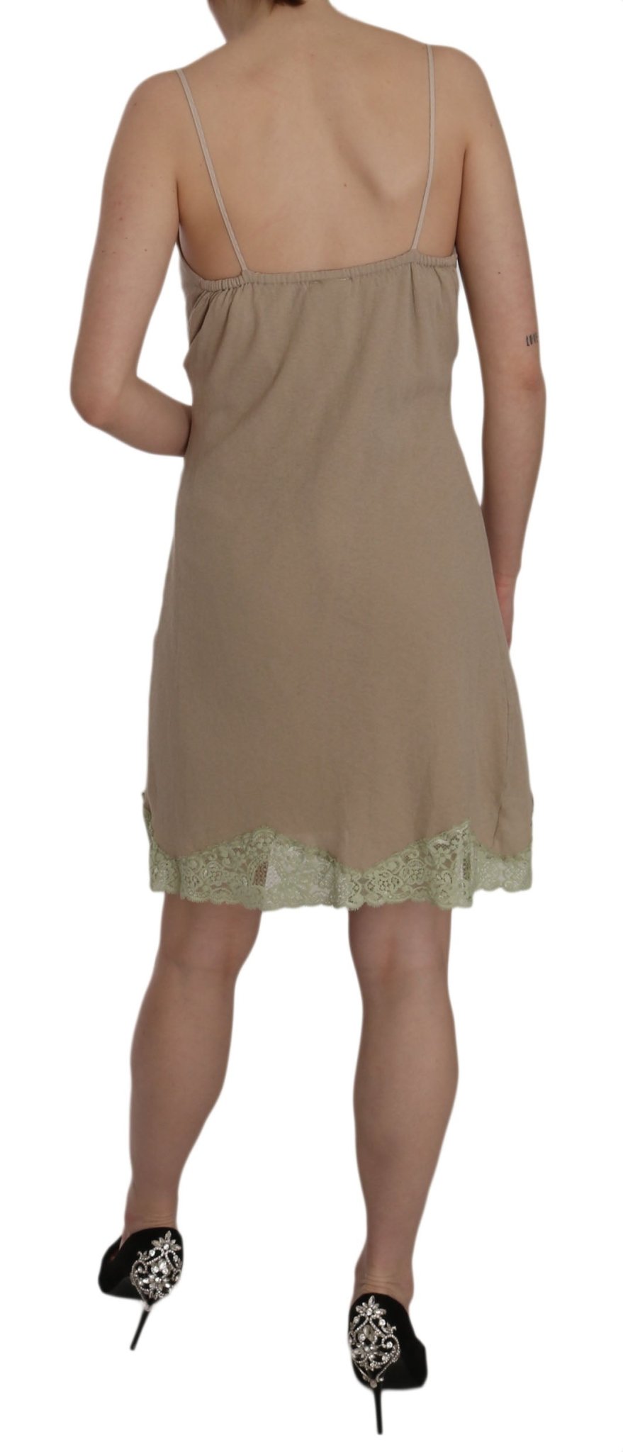 PINK MEMORIES Beige Lace Spaghetti Strap Mini Cotton Dress - Fizigo