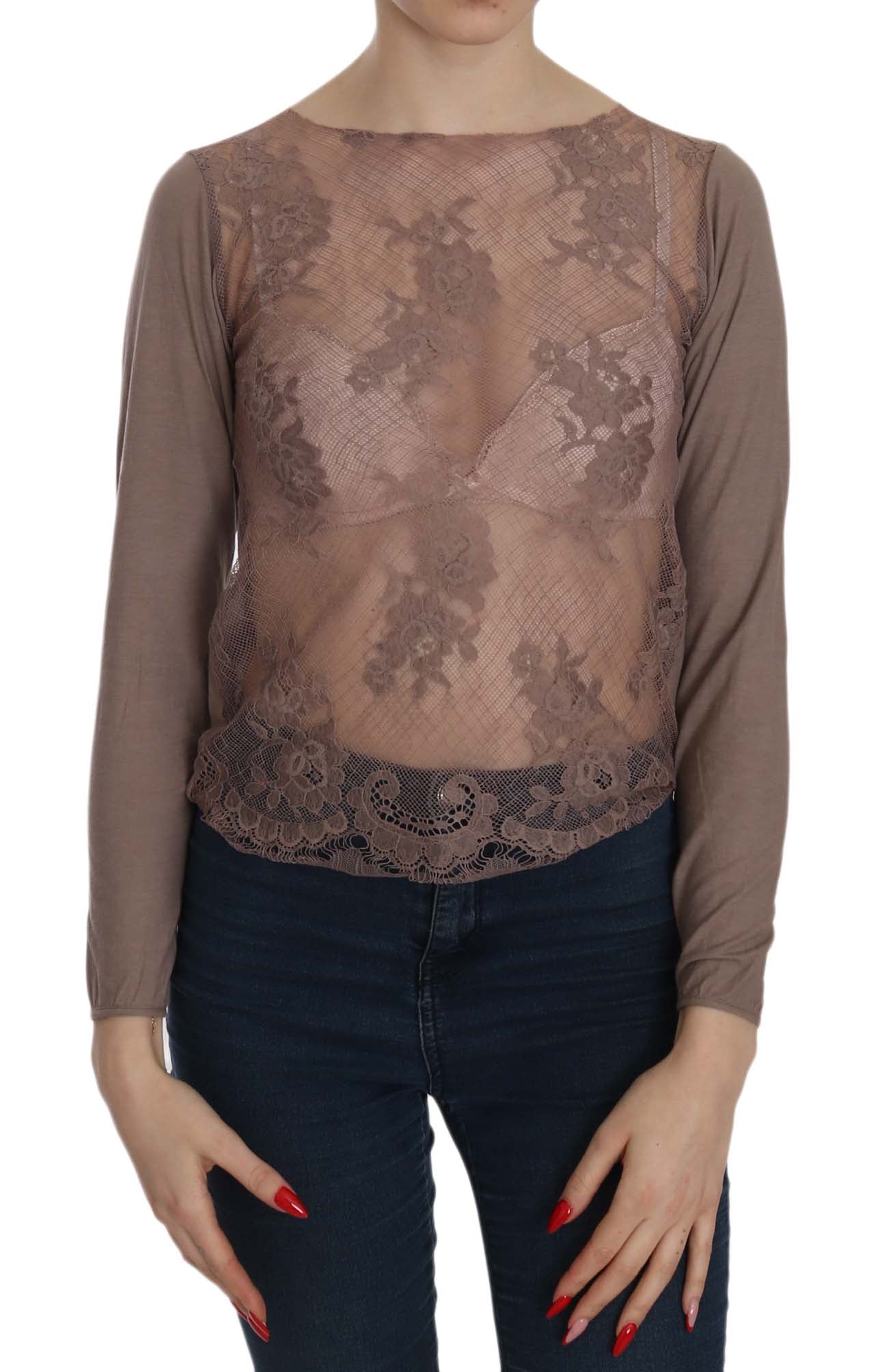 PINK MEMORIES Brown Lace See Through Long Sleeve Top - Fizigo