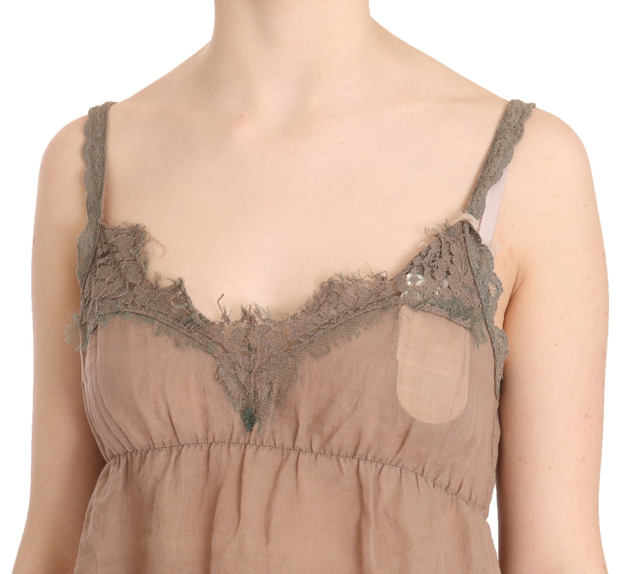 PINK MEMORIES Brown Lace Spaghetti Strap Plunging Top Blouse - Fizigo