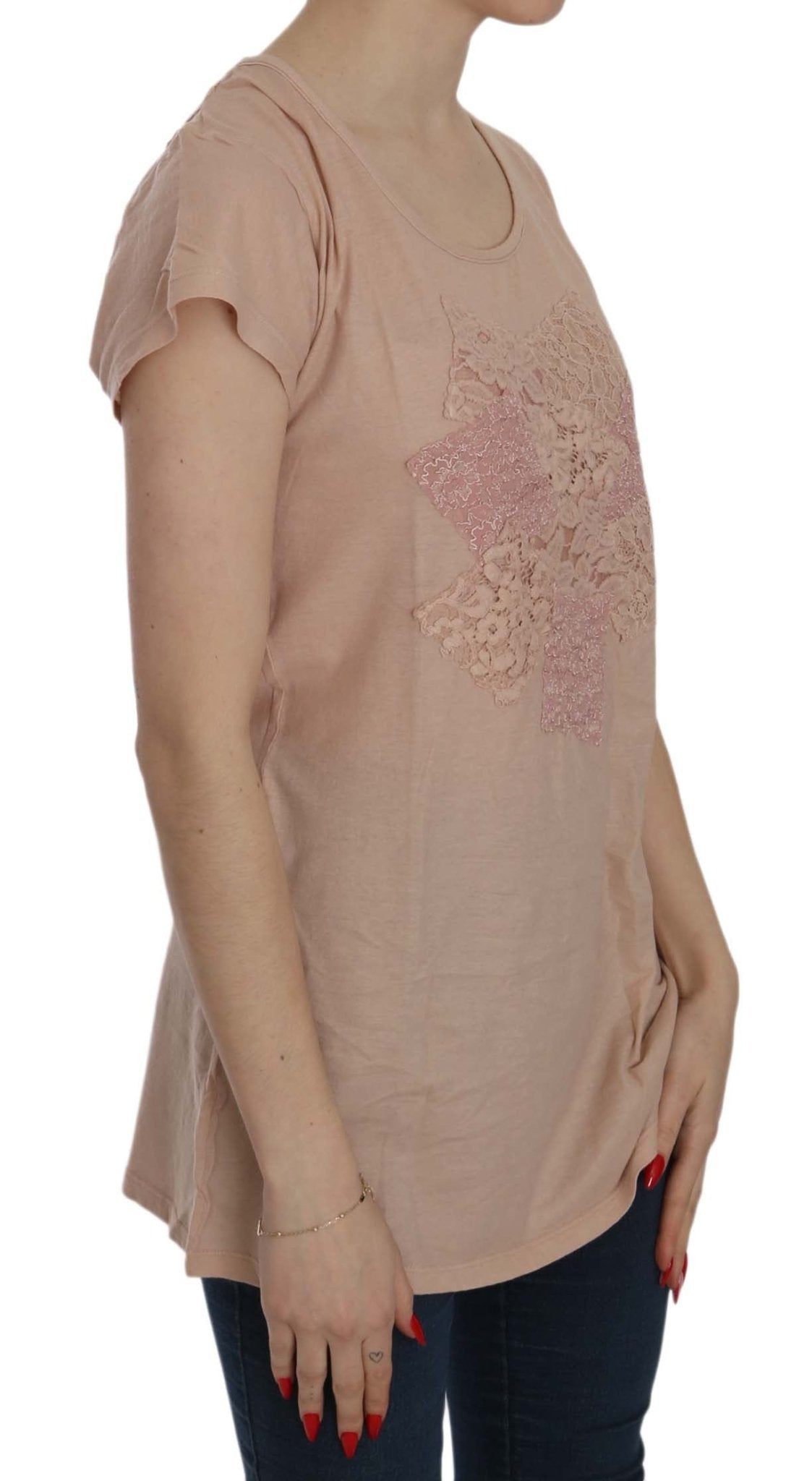 PINK MEMORIES Pink Cream Lace Short Sleeve Shirt Top Cotton Blouse - Fizigo