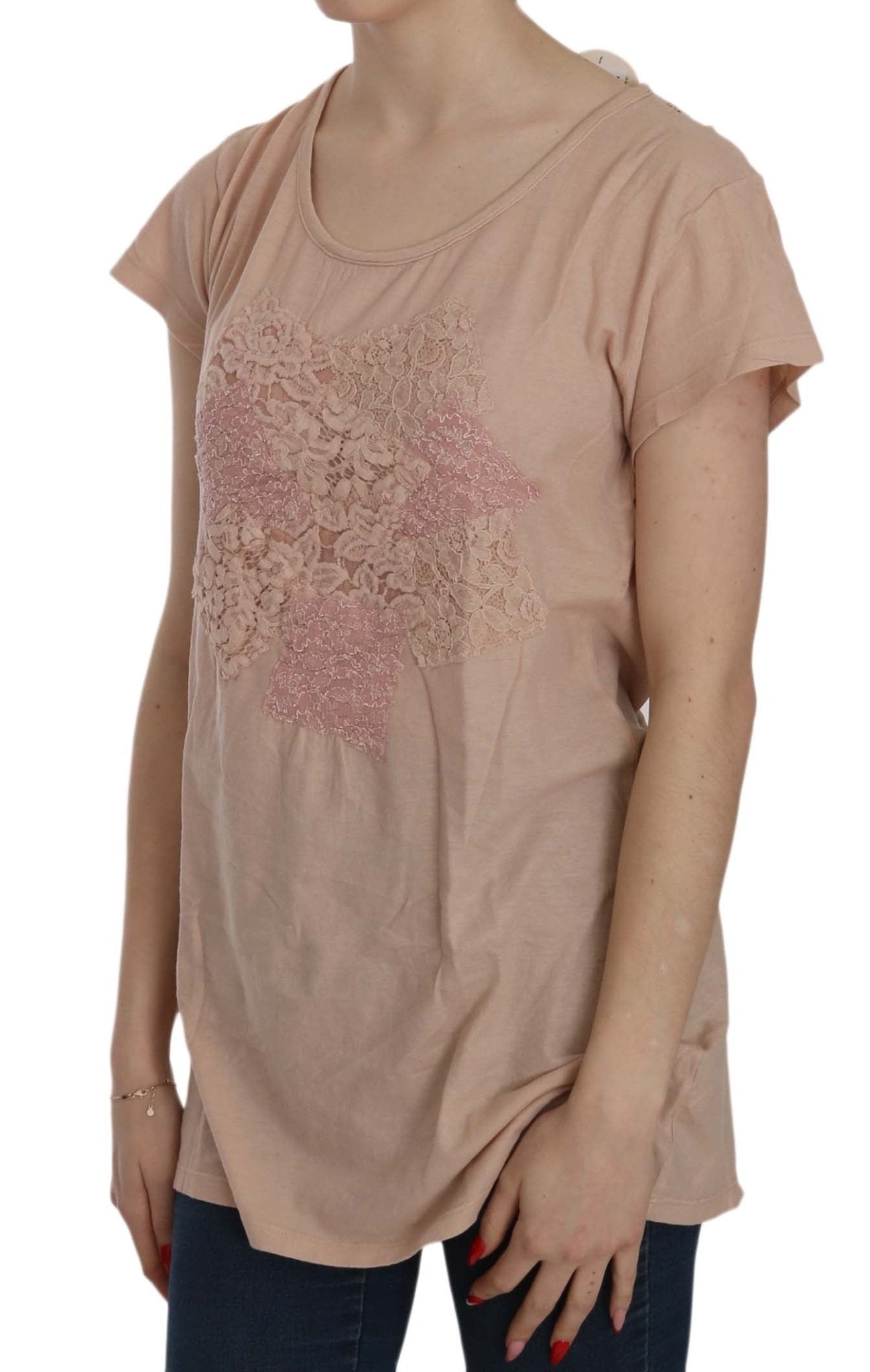 PINK MEMORIES Pink Cream Lace Short Sleeve Shirt Top Cotton Blouse - Fizigo