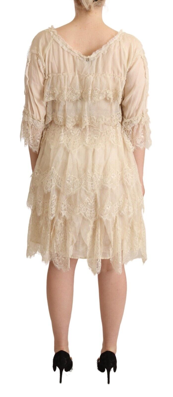 Twinset Beige 3/4 Sleeves Layered Lace Knee Length Dress - Fizigo